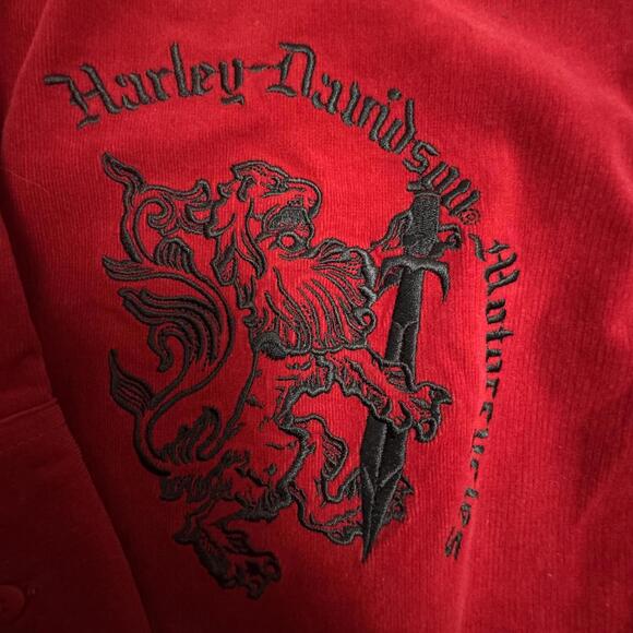 Harley-Davidson Women’s L Red Corduroy Button-Up Shirt Embroidered Lion Crest - Picture 2 of 8